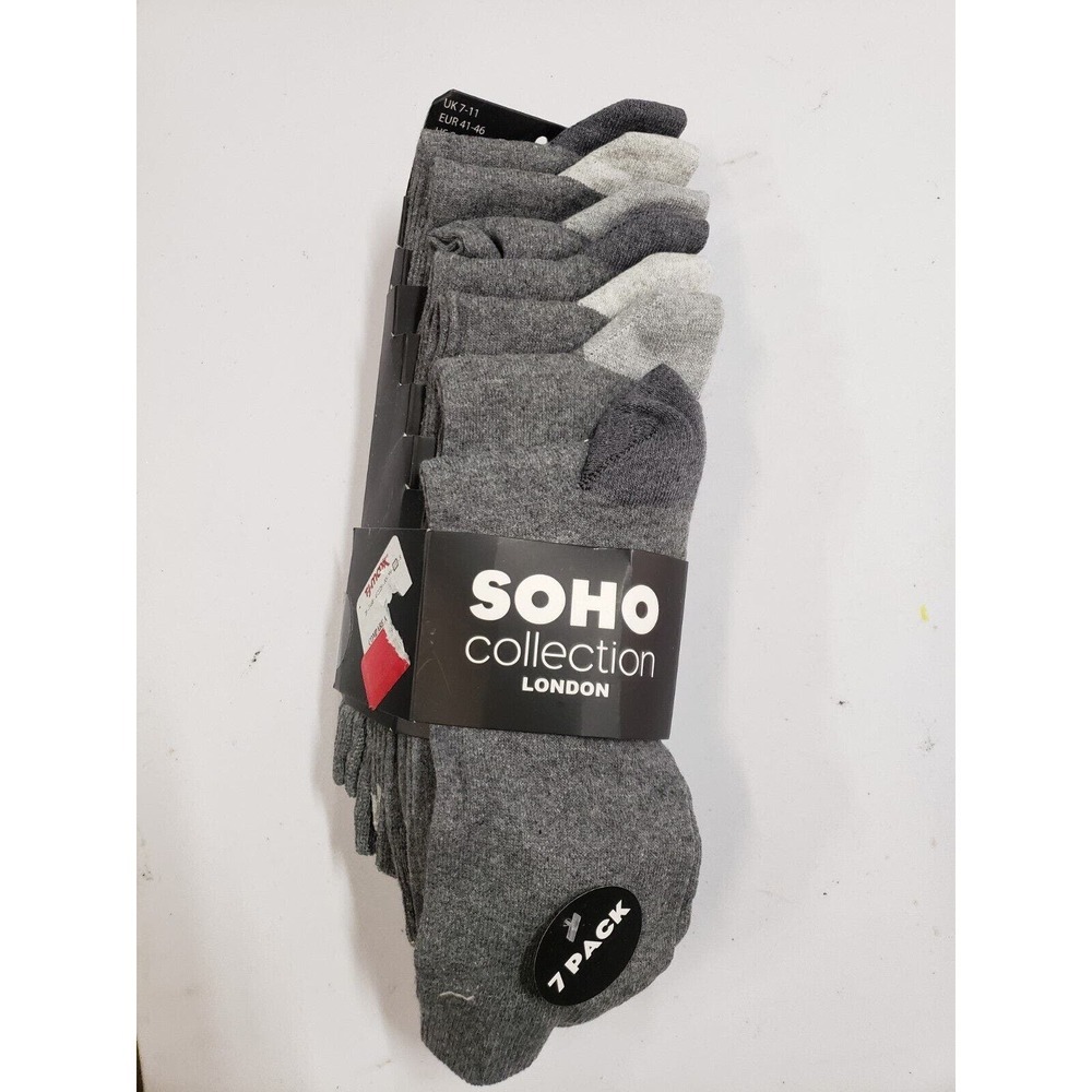 Soho Collection Socks Mens 8-12 Gray 7-Pack Cotton Blend Mid Calf Crew Socks NWT